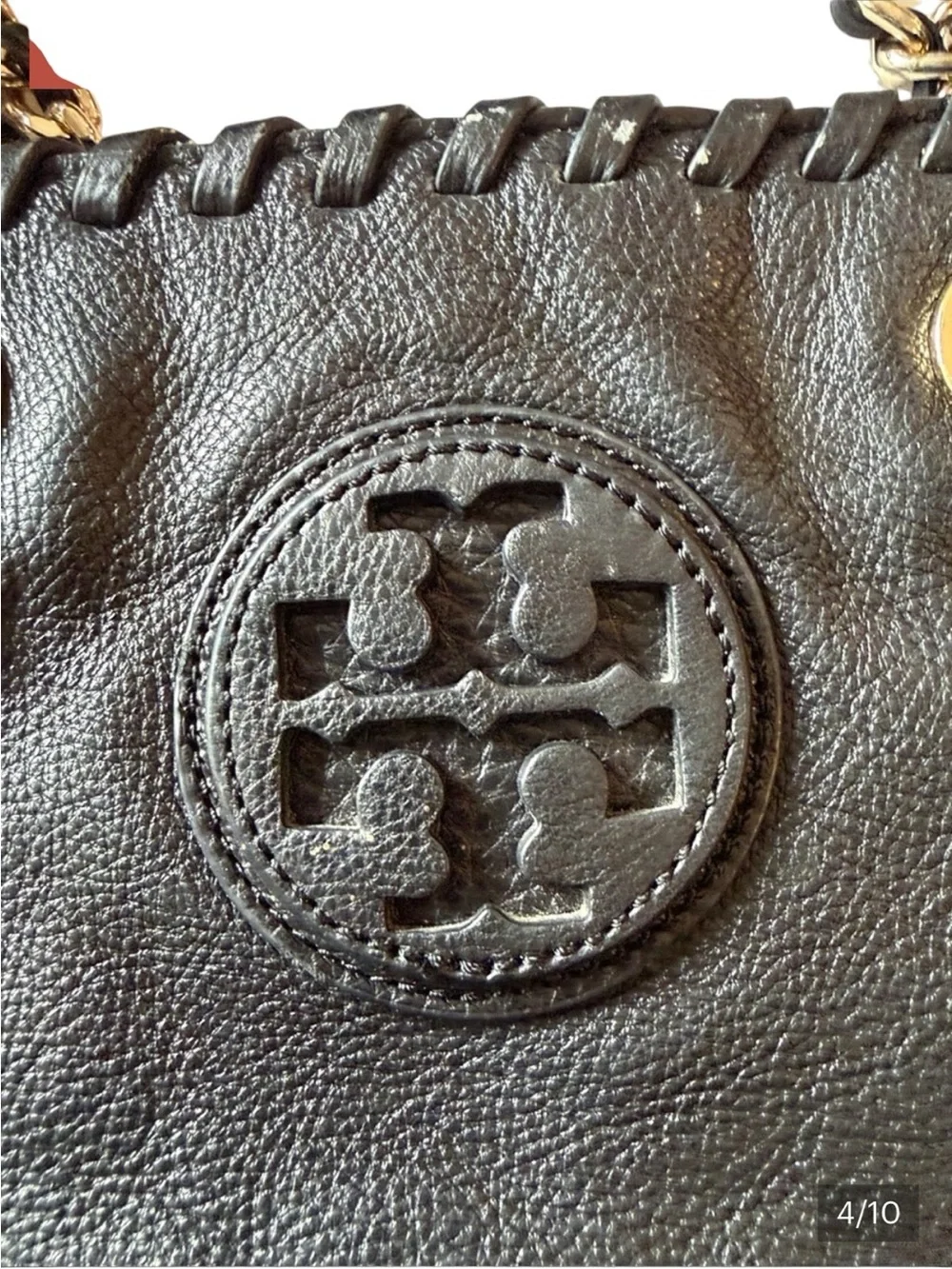 Tory Burch Black Leather Marion Chain-Handle Tote with Logo Medallion